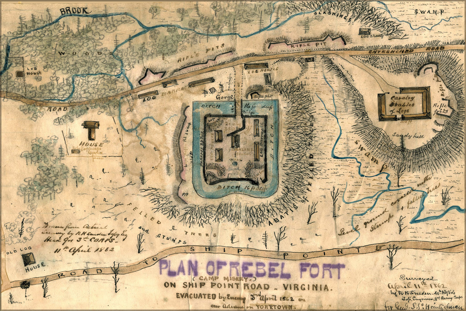 24"x36" Gallery Poster, map of Rebel fort Camp Misery Virginia 1862 siege