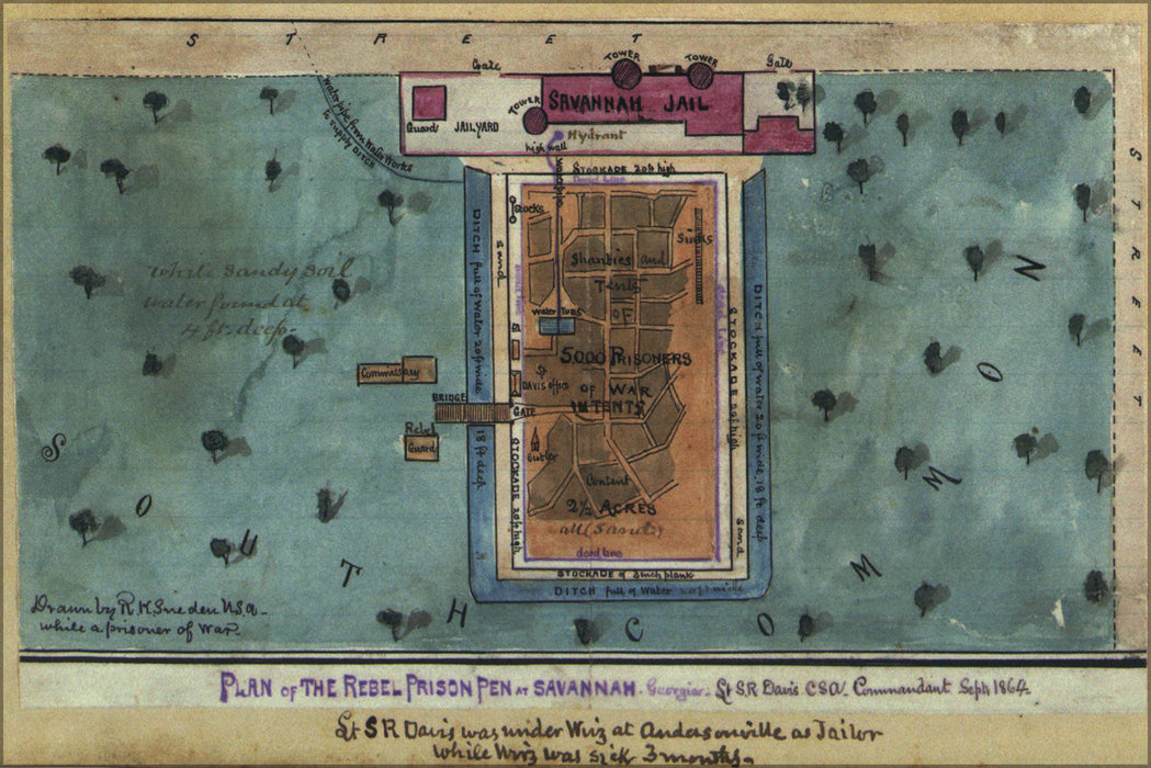 24"x36" Gallery Poster, map of Rebel prison at Savannah Georgia 1864