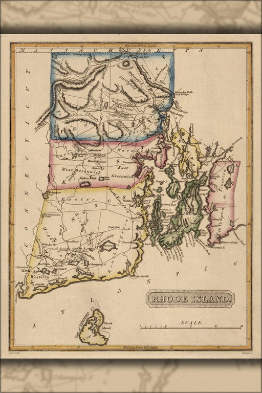 24"x36" Gallery Poster, map of Rhode Island 1817