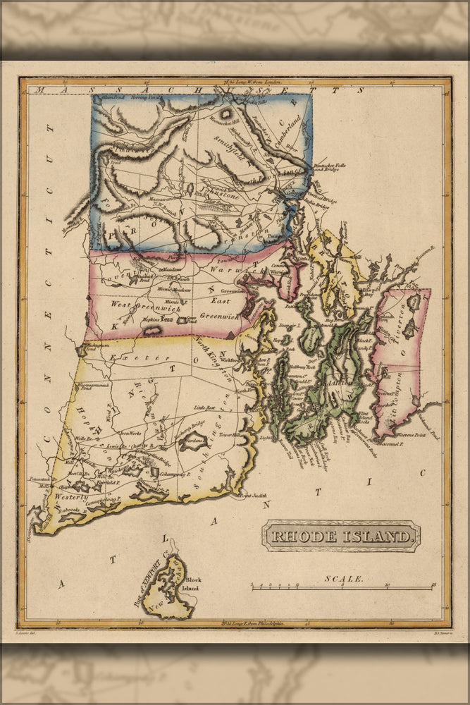 24"x36" Gallery Poster, map of Rhode Island 1817