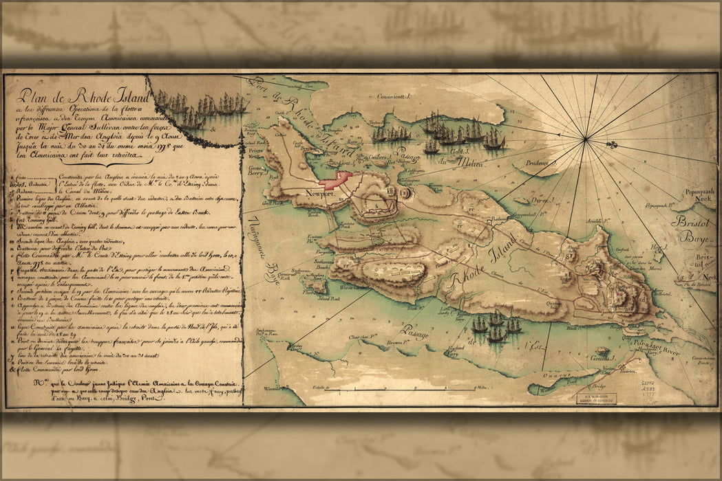 24"x36" Gallery Poster, map of Rhode Island, Battle of 1778 in french