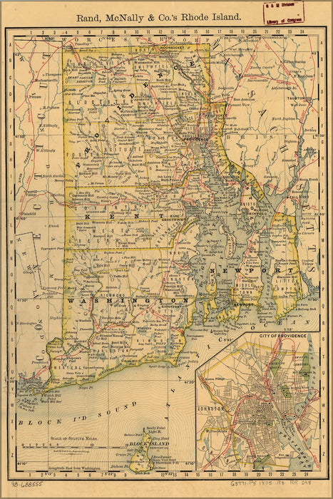 24"x36" Gallery Poster, map of Rhode Island showing railroads 1875