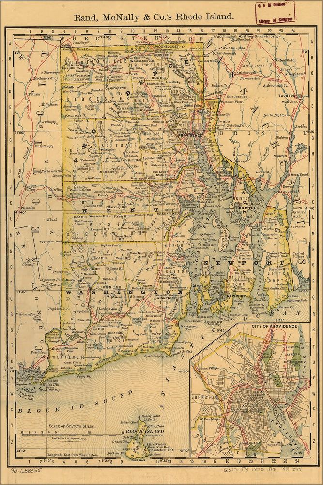 24"x36" Gallery Poster, map of Rhode Island showing railroads 1875
