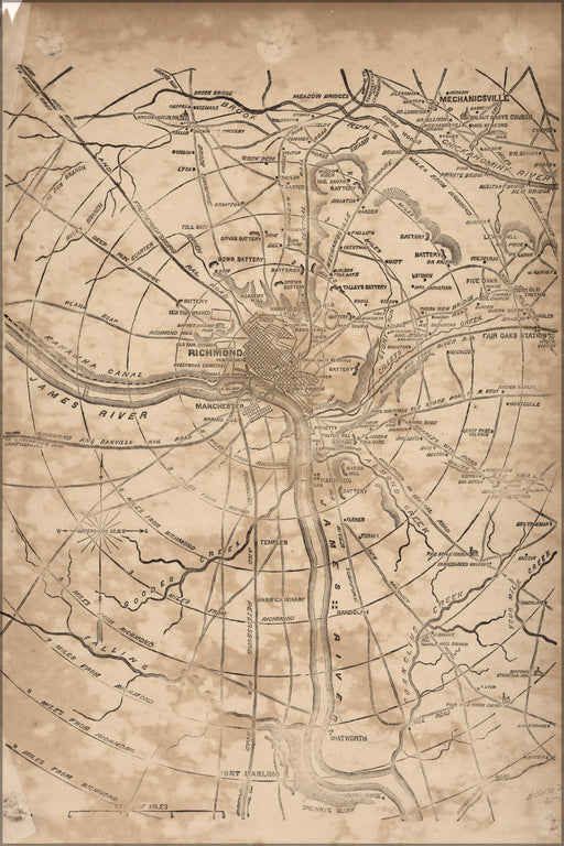 24"x36" Gallery Poster, map of Richmond, Virginia 9 mile radius 1862