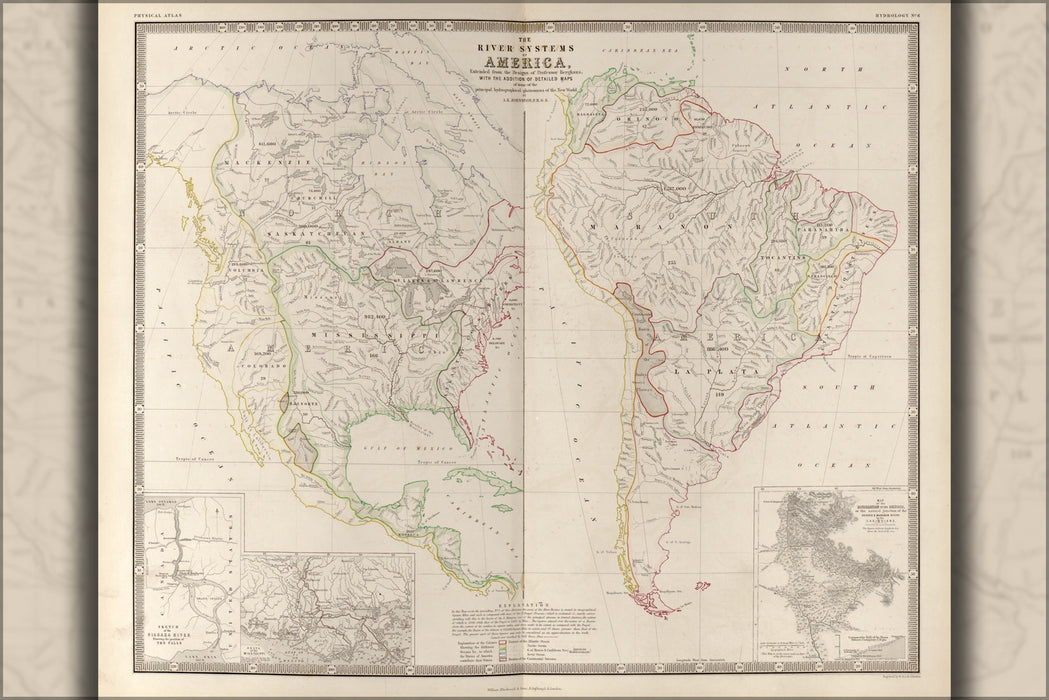 24"x36" Gallery Poster, map of River Systems of America 1848