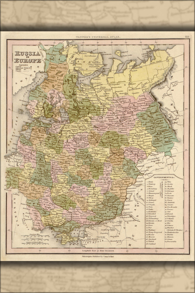 24"x36" Gallery Poster, map of Russia, in Europe 1844