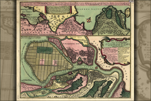 24"x36" Gallery Poster, map of Saint Petersburg Russia 1734