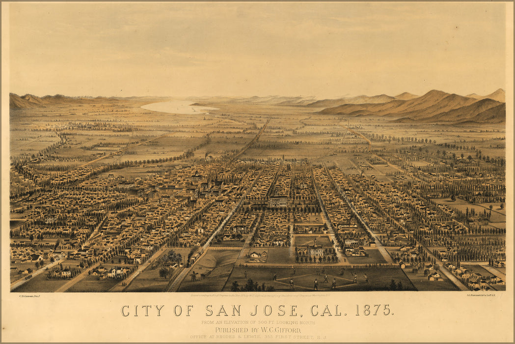 24"x36" Gallery Poster, map of San Jose, California 1875
