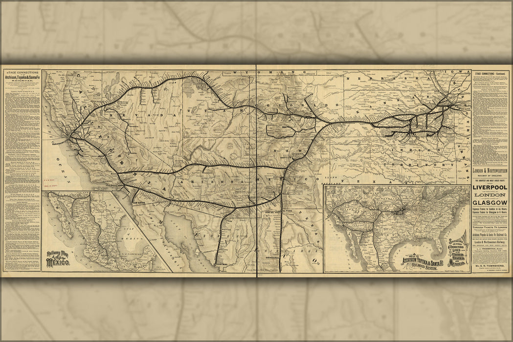 24"x36" Gallery Poster, map of Santa F railroad route 1884