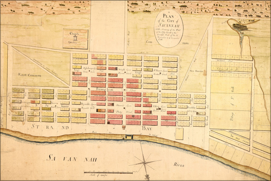 24"x36" Gallery Poster, map of Savannah with burnt areas 1796