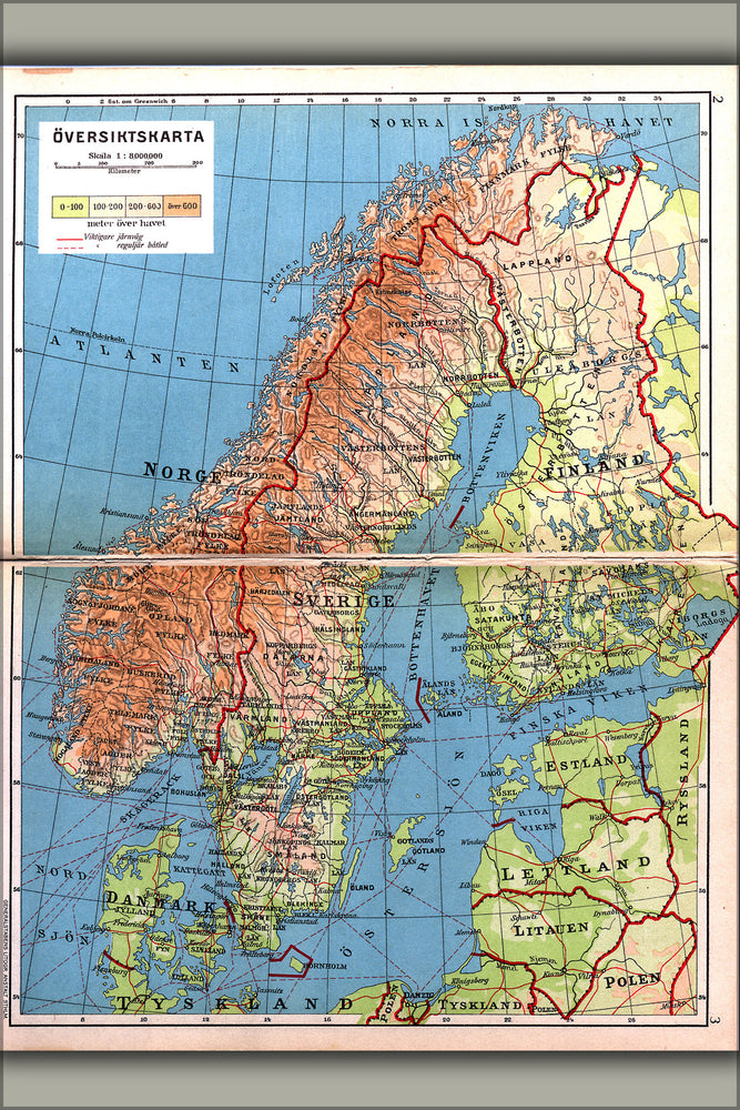 24"x36" Gallery Poster, map of Scandinavia Norway Sweden Finland Denmark c1928