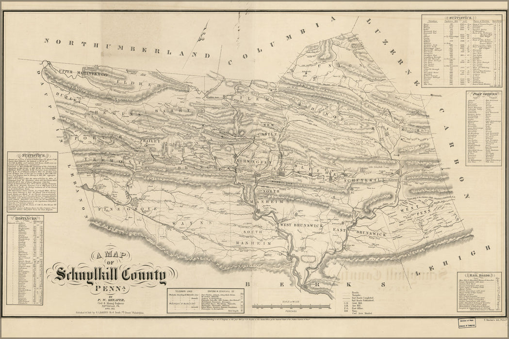 24"x36" Gallery Poster, map of Schuylkill County, Pennsylvania 1855
