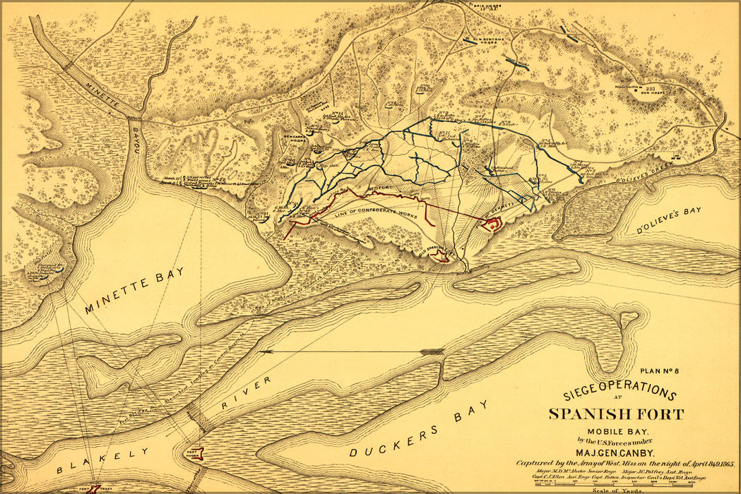 24"x36" Gallery Poster, map of Siege Spanish Fort, Mobile Bay, Alabama