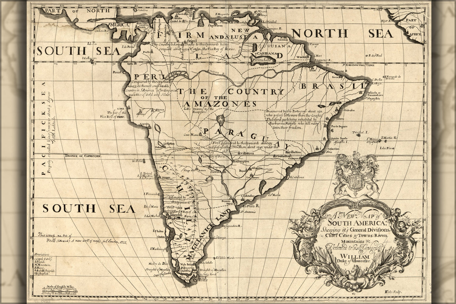 24"x36" Gallery Poster, map of South America 1722