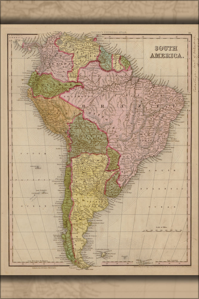 24"x36" Gallery Poster, map of South America 1844