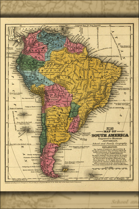 24"x36" Gallery Poster, map of South America brazil chile argentina 1839