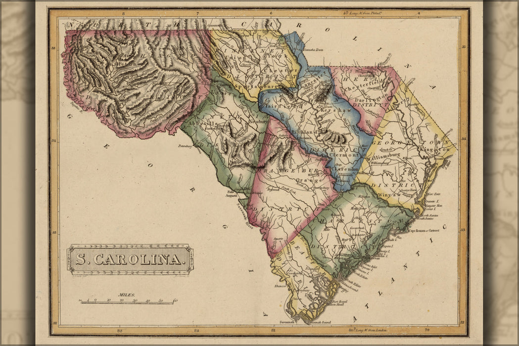 24"x36" Gallery Poster, map of South Carolina 1817