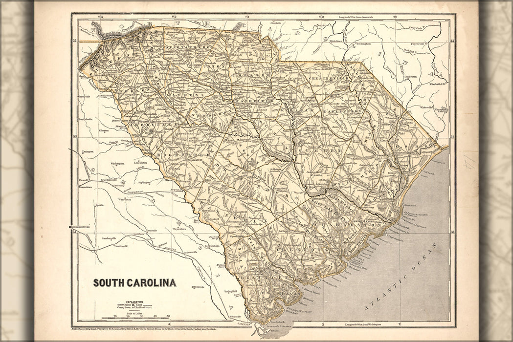 24"x36" Gallery Poster, map of South Carolina 1842
