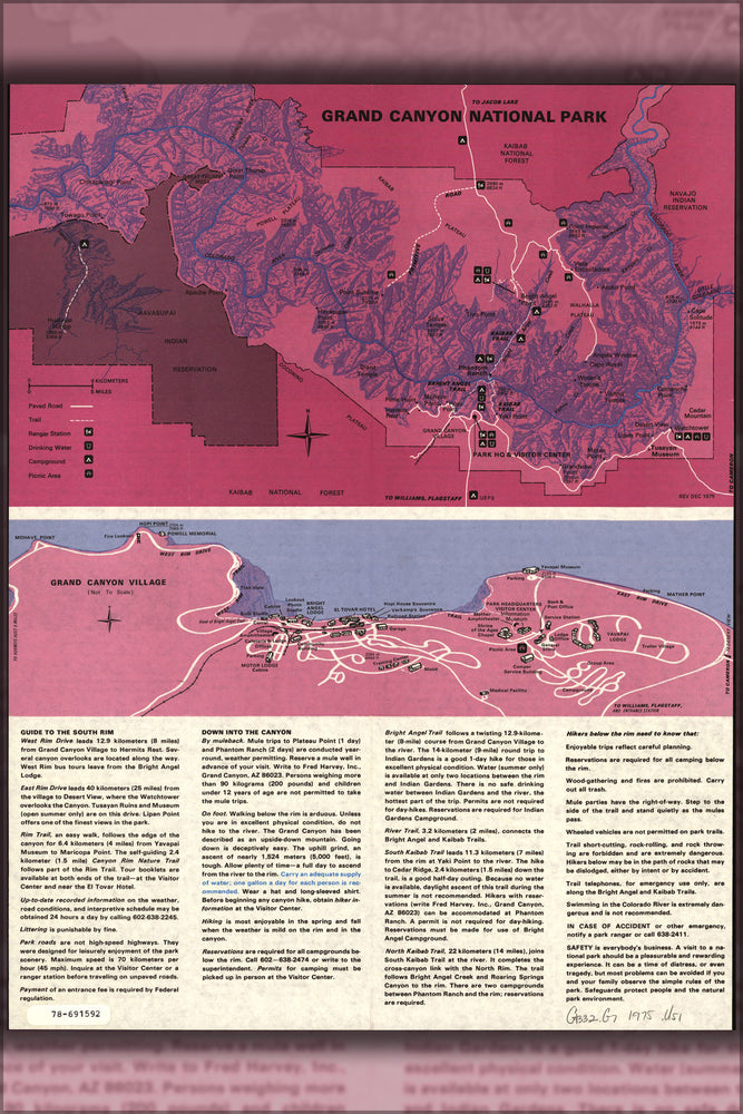 24"x36" Gallery Poster, map of South Rim Grand Canyon Arizona 1975