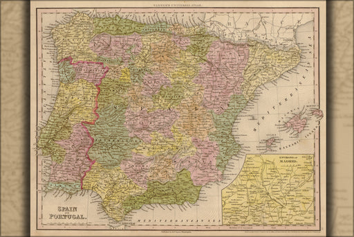 24"x36" Gallery Poster, map of Spain and Portugal 1844