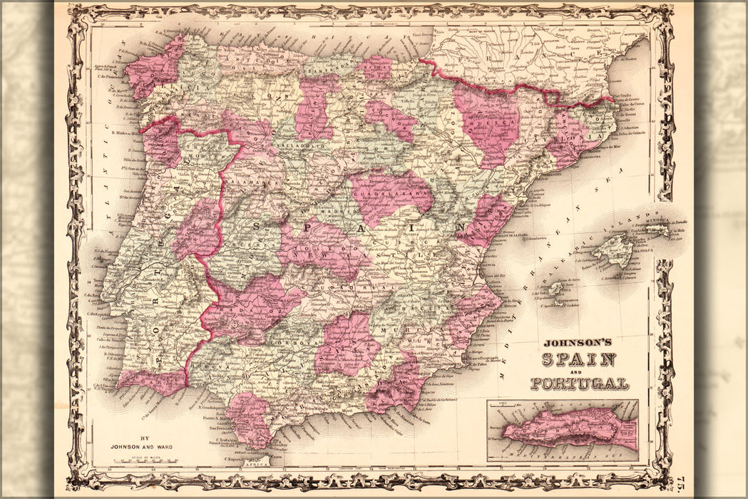 24"x36" Gallery Poster, map of Spain and Portugal 1862