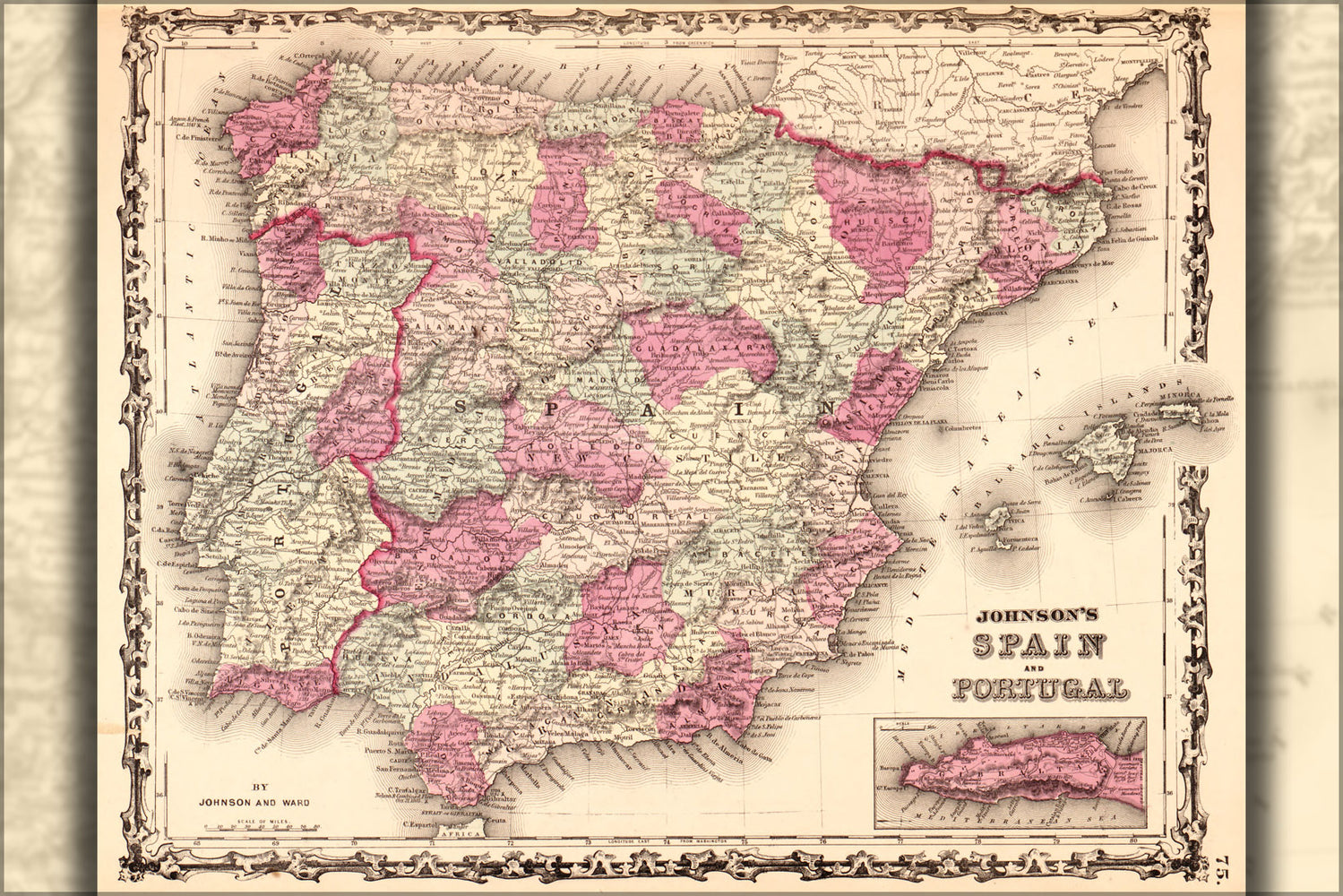 24"x36" Gallery Poster, map of Spain and Portugal 1862