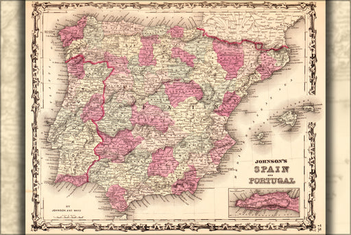 24"x36" Gallery Poster, map of Spain and Portugal 1862