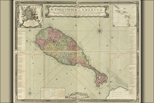 24"x36" Gallery Poster, map of St. Christopher & saint kitts 1753