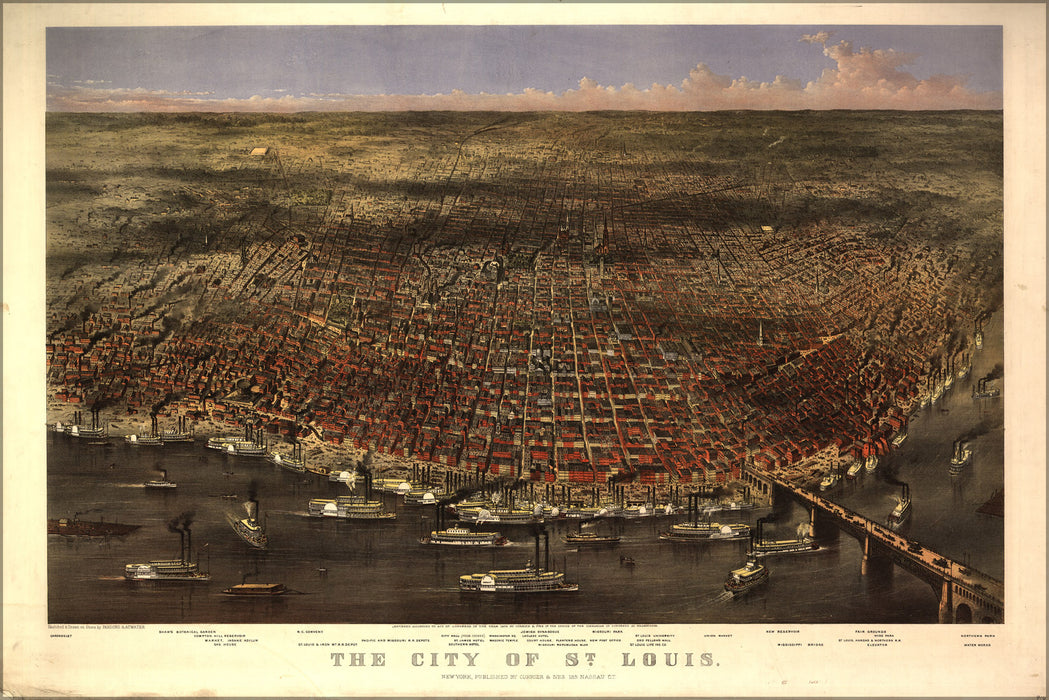24"x36" Gallery Poster, map of St. Louis missouri 1874 currier & ives