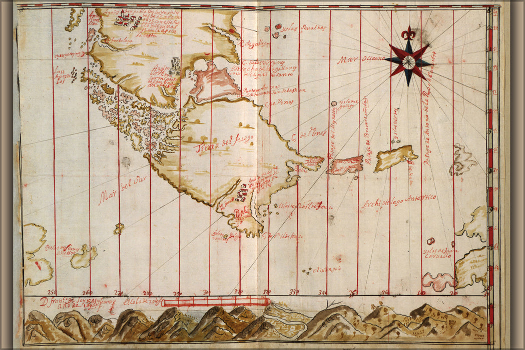 24"x36" Gallery Poster, map of Strait of Magellan and Tierra del Fuego 1630