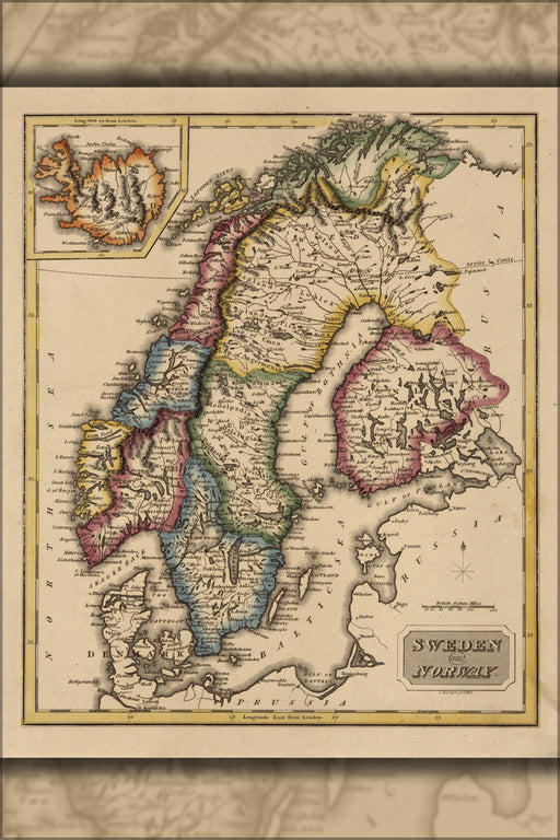 24"x36" Gallery Poster, map of Sweden and Norway 1817