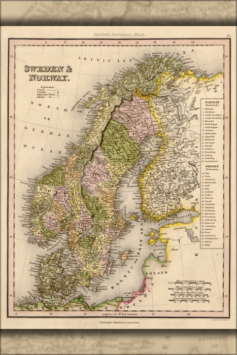 24"x36" Gallery Poster, map of Sweden and Norway 1844