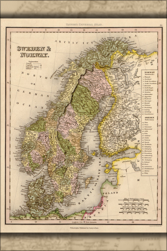 24"x36" Gallery Poster, map of Sweden and Norway 1844