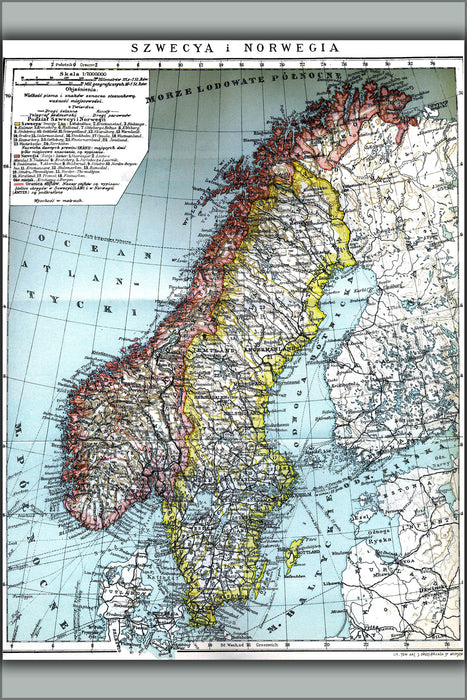24"x36" Gallery Poster, map of Sweden and Norway, 1903, descriptions in Polish