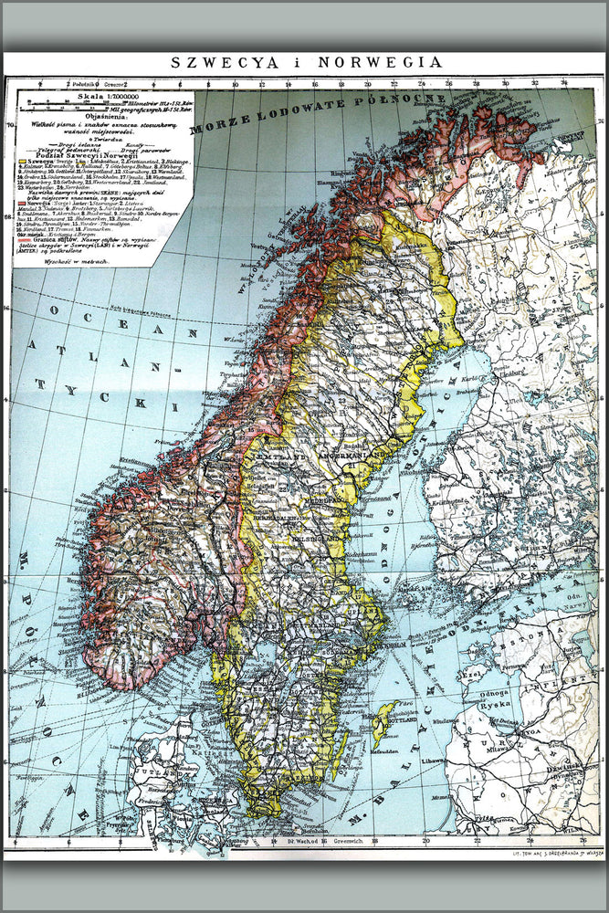 24"x36" Gallery Poster, map of Sweden and Norway, 1903, descriptions in Polish