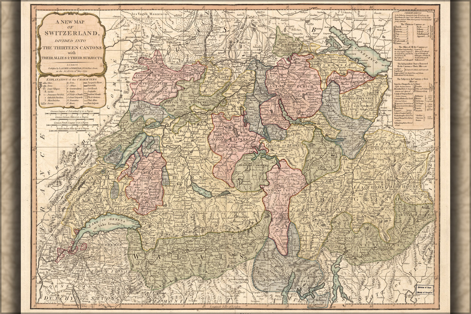 24"x36" Gallery Poster, map of Switzerland 1794