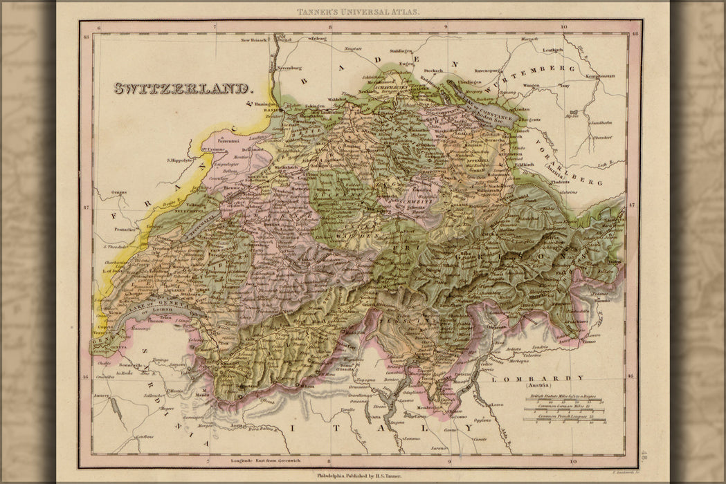 24"x36" Gallery Poster, map of Switzerland 1844