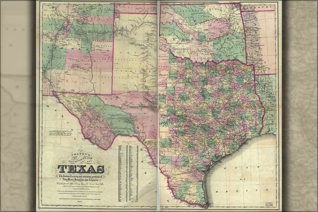 24"x36" Gallery Poster, map of Texas & Indian Territory oklahoma 1872