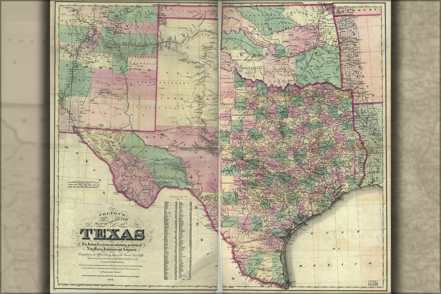 24"x36" Gallery Poster, map of Texas & Indian Territory oklahoma 1872