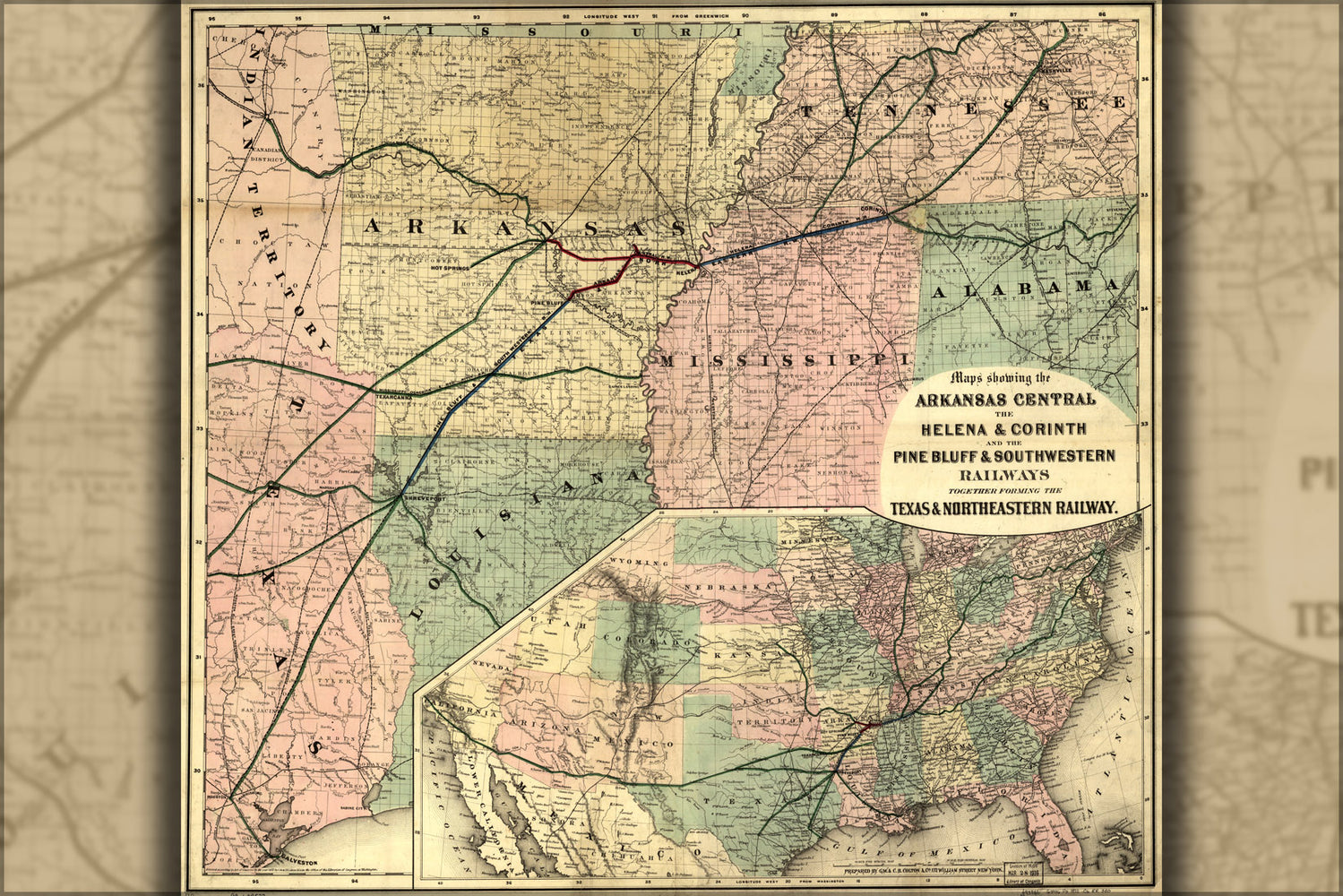 24"x36" Gallery Poster, map of Texas & Northeastern Railway arkansas 1872