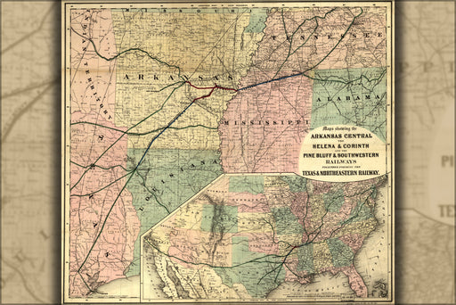 24"x36" Gallery Poster, map of Texas & Northeastern Railway arkansas 1872