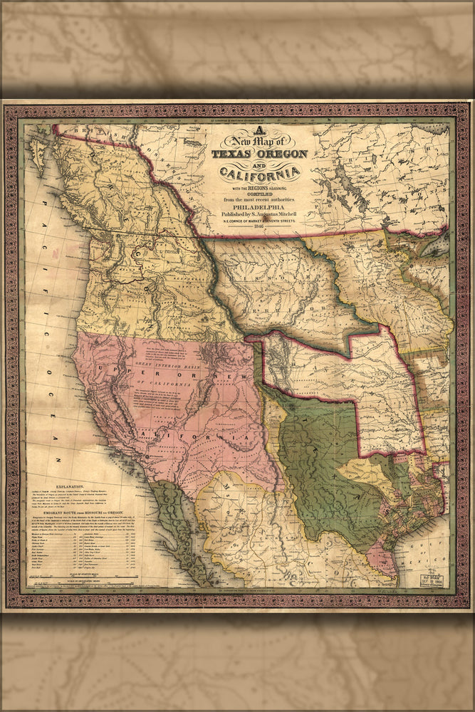 24"x36" Gallery Poster, map of Texas Oregon California washington 1846