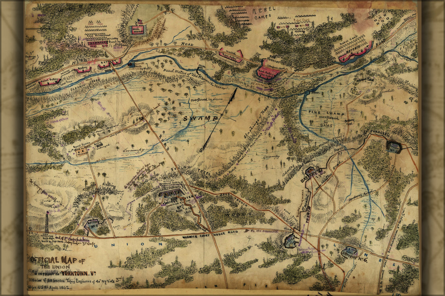 24"x36" Gallery Poster, map of Union works Yorktown virginia 1862