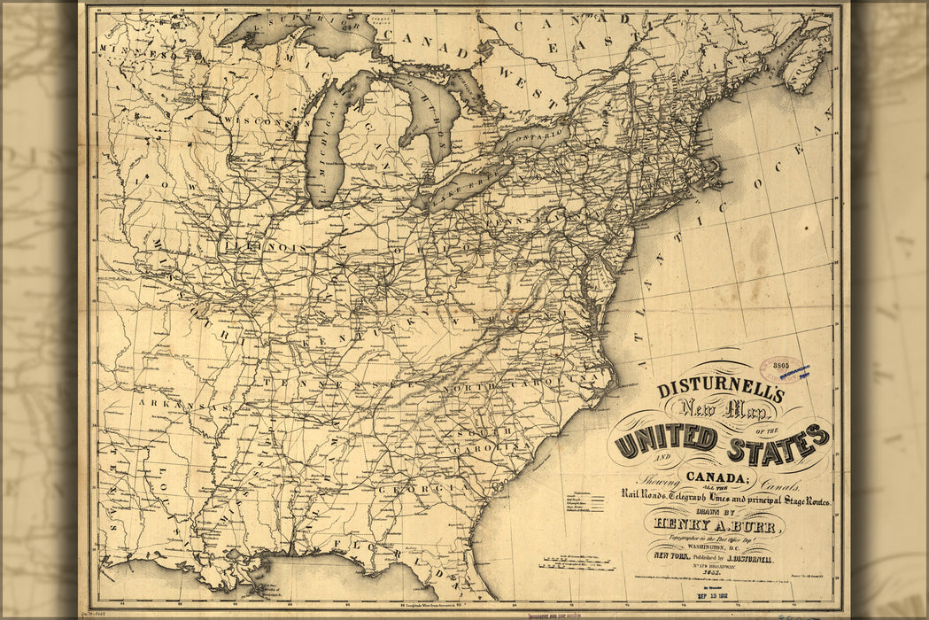 24"x36" Gallery Poster, map of United States and Canada 1851