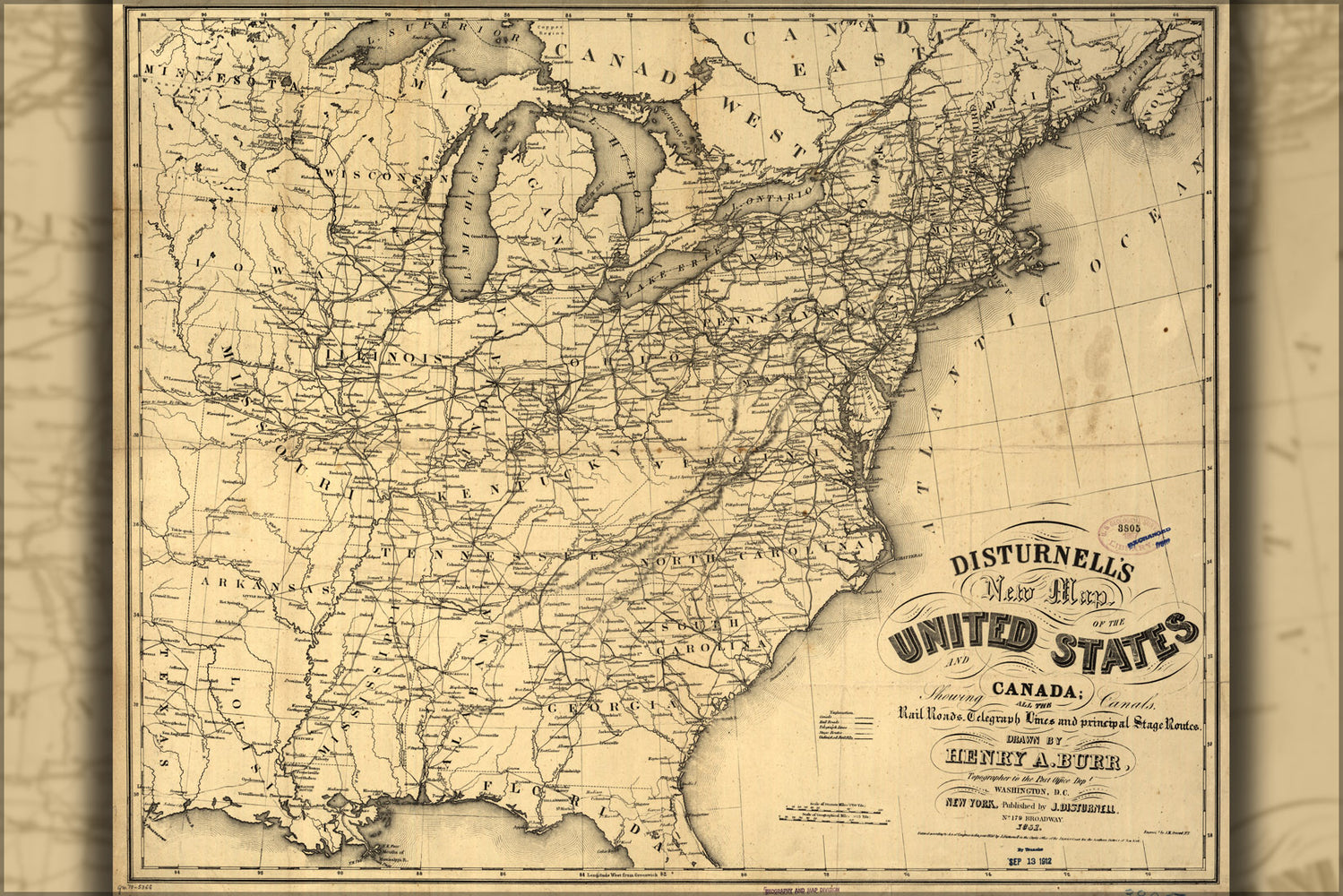 24"x36" Gallery Poster, map of United States and Canada 1851