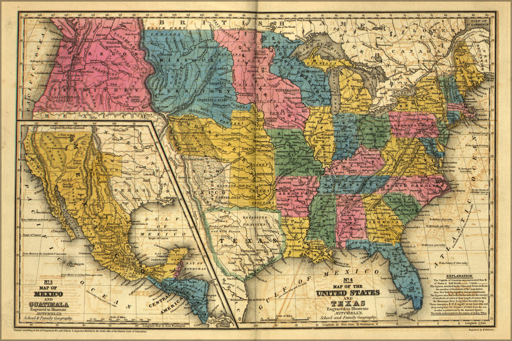 24"x36" Gallery Poster, map of United States and Mexico 1839