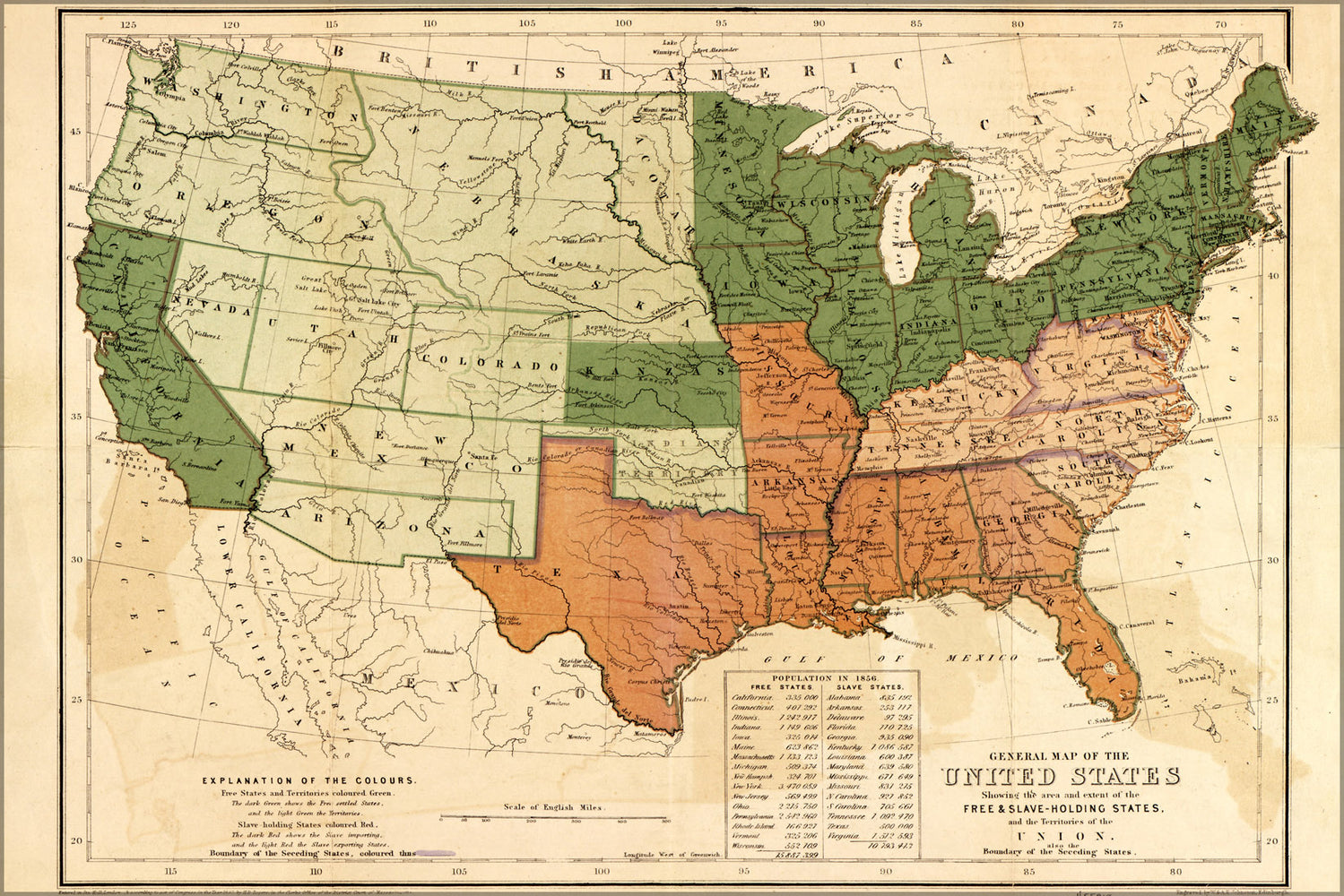 24"x36" Gallery Poster, map of United States free & slave states 1857