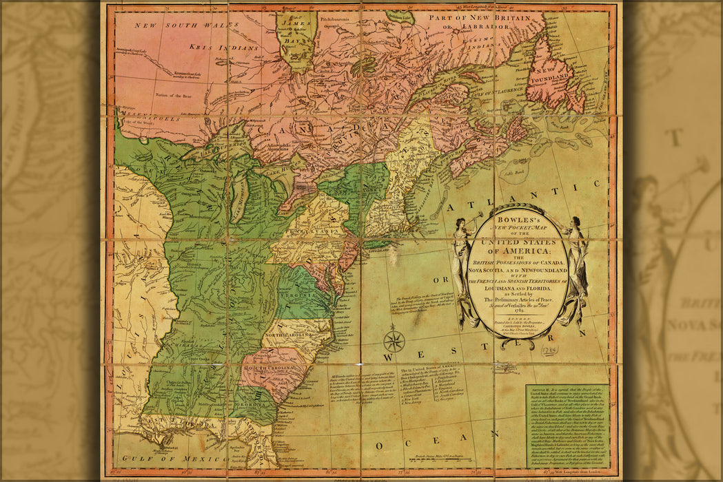 24"x36" Gallery Poster, map of United States of America & Canada 1784