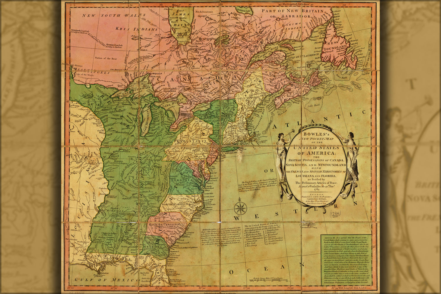 24"x36" Gallery Poster, map of United States of America & Canada 1784