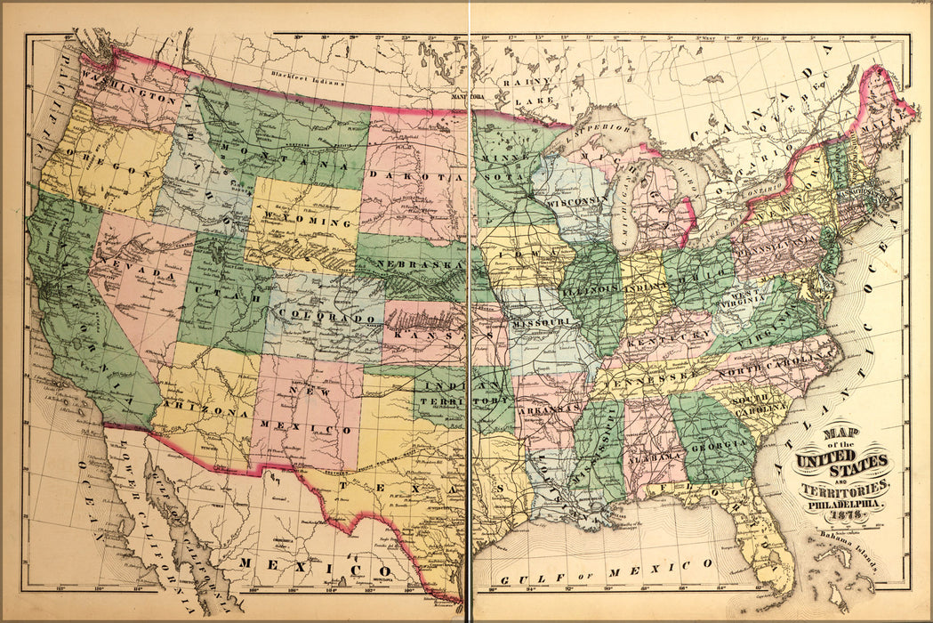 24"x36" Gallery Poster, map of United States of america 1878 P5